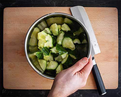 diced cucumbers for the cucumber salad