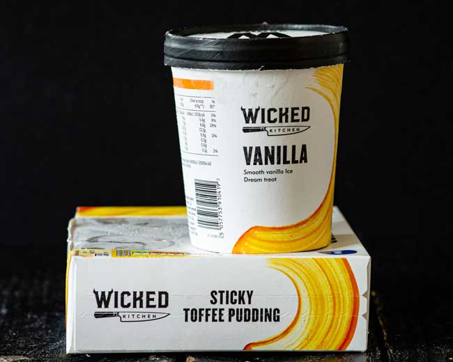 vegan vanilla ice dream with sticky toffee pudding